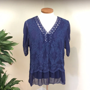 "M" Made in Italy- Woven Short Sleeve Tunic with Lace- Navy